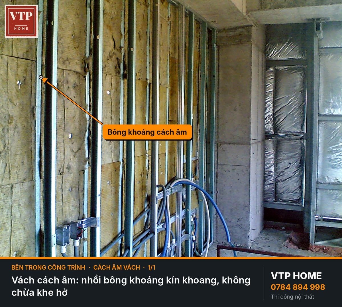 Cách âm: nhồi bông khoáng vào lòng vách – hình ảnh minh họa VTP Home