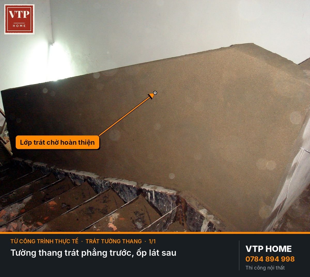 Trát tường dọc cầu thang – hình ảnh minh họa VTP Home
