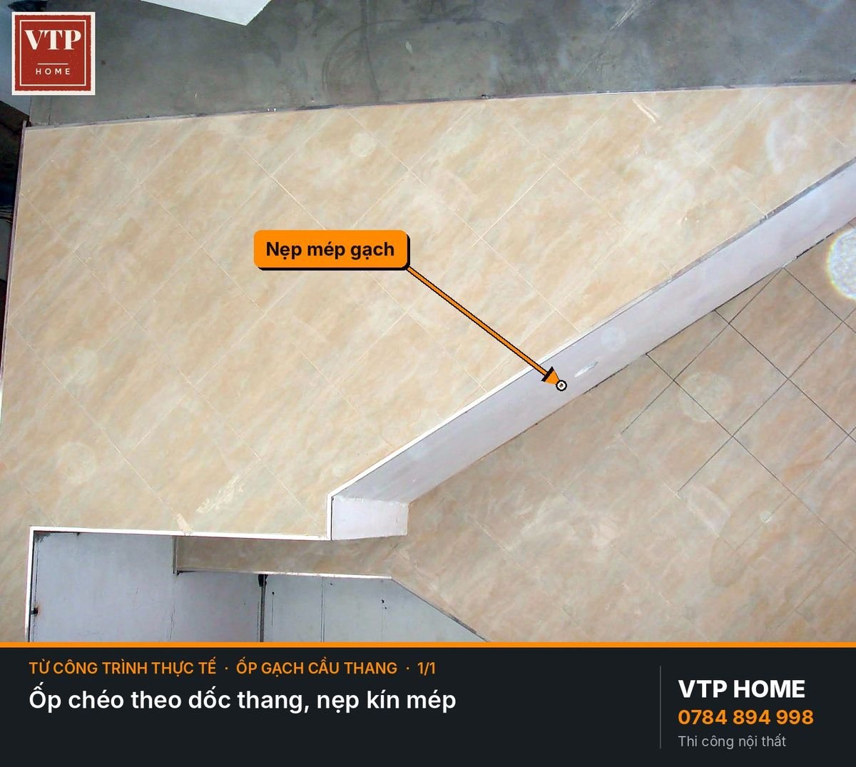 Ốp gạch xếp chéo tường cầu thang – hình ảnh minh họa VTP Home
